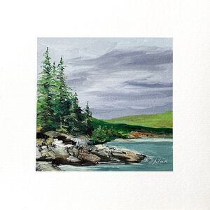 8x8 Maine Original Oil Painting Acadia National Park Landscape Pines Rock Signed